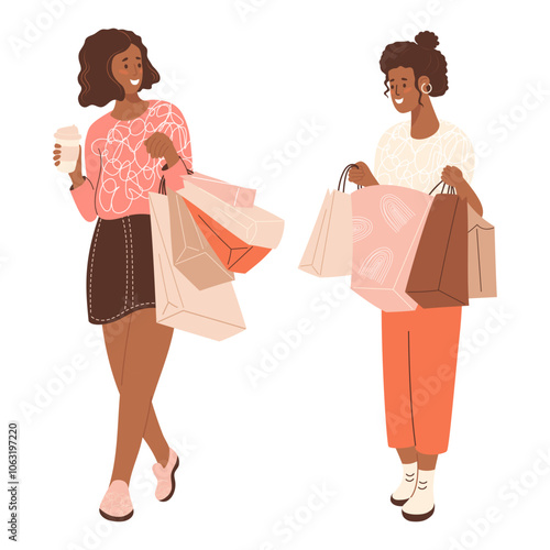 Shopping. Happy dark skinned woman buyer set. Isolated cute ethnic female shopper character with takeaway coffee and shopping packages on white background. Vector illustration