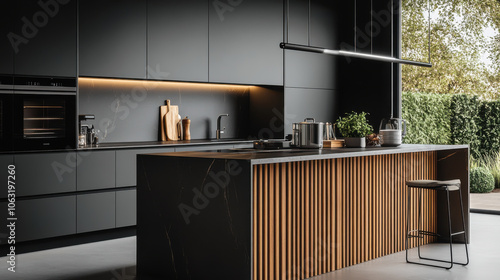 Dark and black modern kitchen with large kitchen  wooden slats
