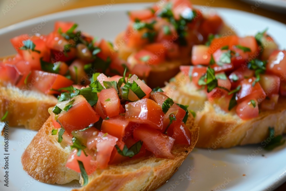 Mouthwatering bruschetta topped with juicy tomatoes and fresh basil, ready to be enjoyed Mouthwatering bruschetta topped with juicy tomatoes and fresh basil, ready to be enjoyed