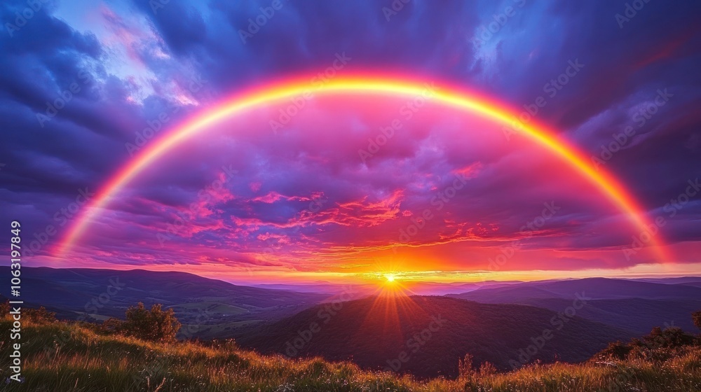 Rainbow framed by glowing clouds during a spectacular sunset with deep reds and purples filling the sky Rainbow framed by glowing clouds during a spectacular sunset with deep reds and purples filling the sky