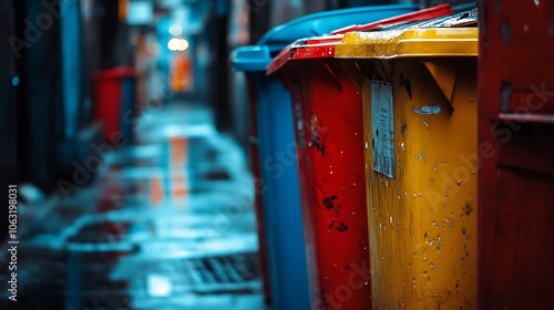 Close-up of colorful garbage cans in an alleyway, Colorful trash bins in alley with blurred background