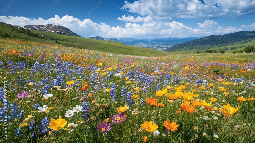 Fototapeta premium Rolling meadows covered in colorful spring wildflowers, with soft clouds and a bright blue sky