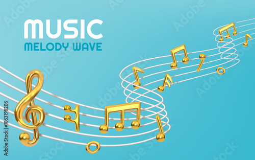 Music background. Song notes. Melody sound or guitar sing. Musical wave symbols. Piano acoustic and media speaker. Golden contest sign. Glossy metallic treble clef. Vector banner design