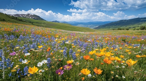 Rolling meadows covered in colorful spring wildflowers, with soft clouds and a bright blue sky