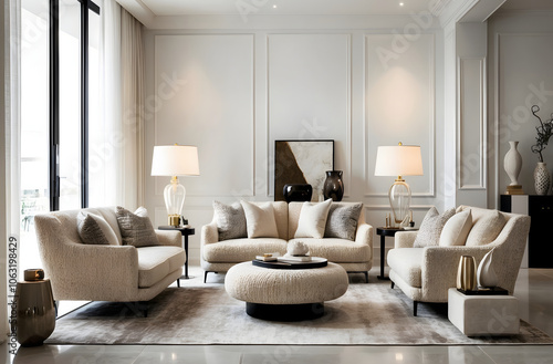 Modern luxurious living room interior with stylish boucle furniture and boucle sofa and large window