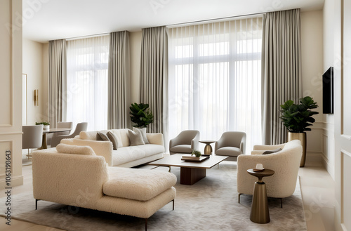 Modern luxurious living room interior with stylish boucle furniture and boucle sofa and large window