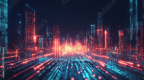 Digital cityscape with glowing lines and data background, Digital cityscape hologram background