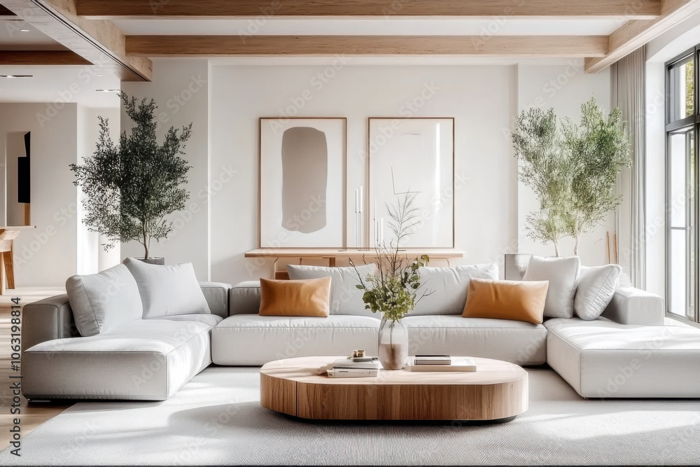 Rustic interior design of modern and nordic living room with grey sofa Rustic interior design of modern and nordic living room with grey sofa