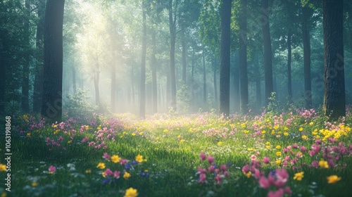 Soft mist covering the forest floor in spring, with bright flowers blooming under towering trees and a warm glow in the air #1063198868