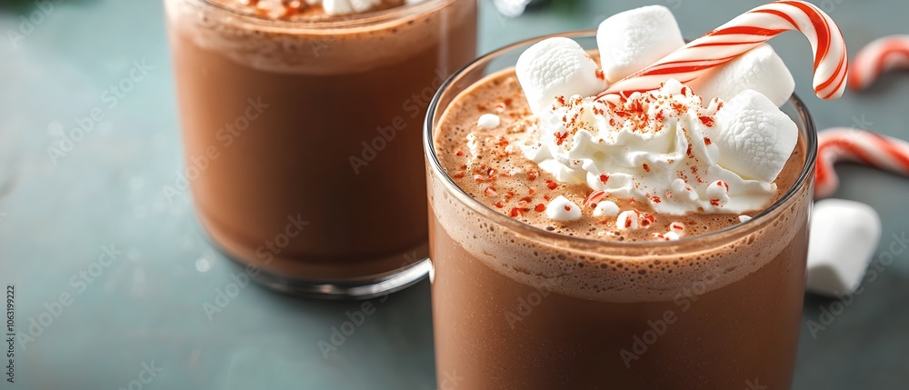 A luxurious and indulgent cocoa drink garnished with fluffy marshmallows a swirl of whipped cream and a festive candy cane for a cozy and celebratory winter treat A luxurious and indulgent cocoa drink garnished with fluffy marshmallows a swirl of whipped cream and a festive candy cane for a cozy and celebratory winter treat