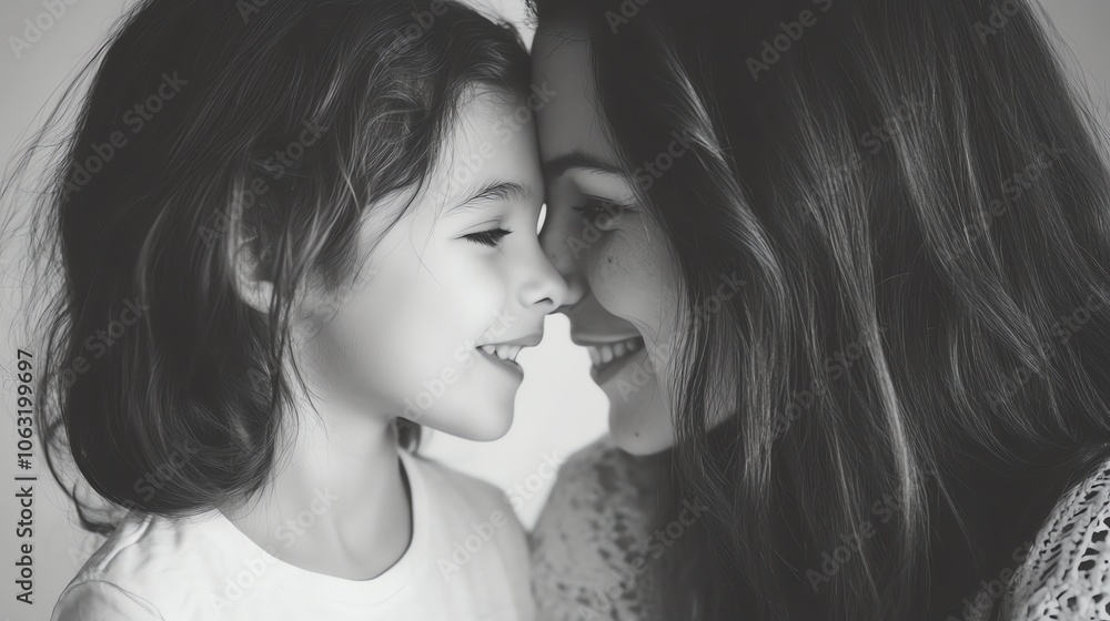 A mother and daughter are touching foreheads, both smiling. A mother and daughter are touching foreheads, both smiling.