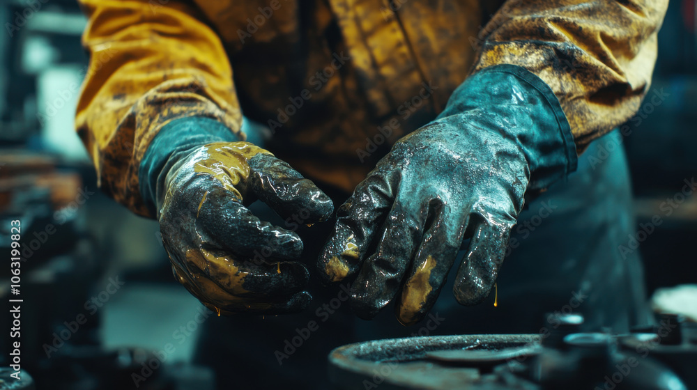 close up of mechanic hands wearing dirty gloves, handling machinery parts with oil stains, showcasing hard work and dedication in maintenance tasks close up of mechanic hands wearing dirty gloves, handling machinery parts with oil stains, showcasing hard work and dedication in maintenance tasks