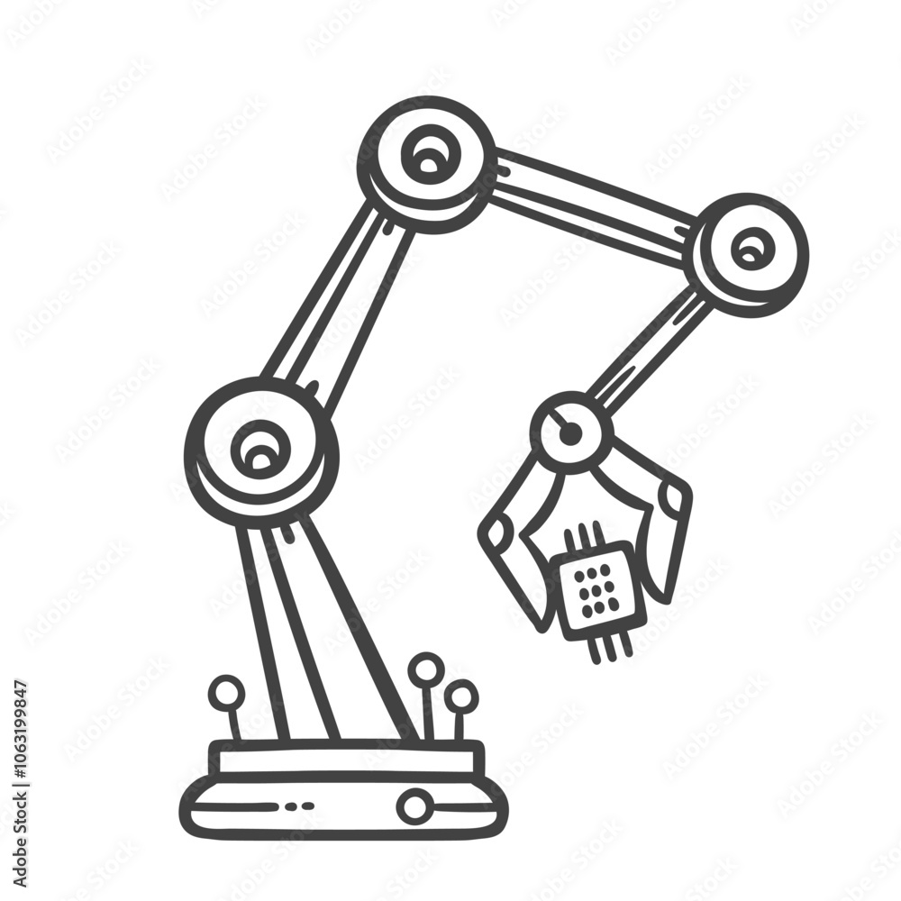 Automated arm of robot with micro chip line icon. Outline hand drawn smart machine assembly by robot. AI engineering, tech automation of production mascot, sketch of machinery icon vector illustration Automated arm of robot with micro chip line icon. Outline hand drawn smart machine assembly by robot. AI engineering, tech automation of production mascot, sketch of machinery icon vector illustration