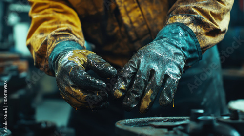 close up of mechanic hands wearing dirty gloves, handling machinery parts with oil stains, showcasing hard work and dedication in maintenance tasks