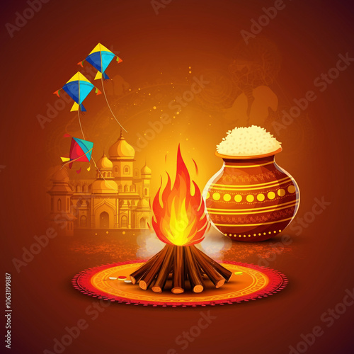 Traditional Makar Sankranti celebration with a festive bonfire and decorative pot, symbolizing the joy of harvest photo