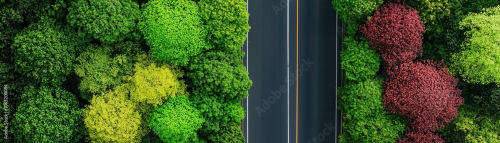 Aerial view of vibrant green trees alongside a modern road, showcasing nature's beauty and contrasting colors. Aerial view of vibrant green trees alongside a modern road, showcasing nature's beauty and contrasting colors.