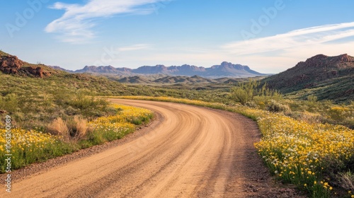 A beautiful dirt road cutting through a serene desert,