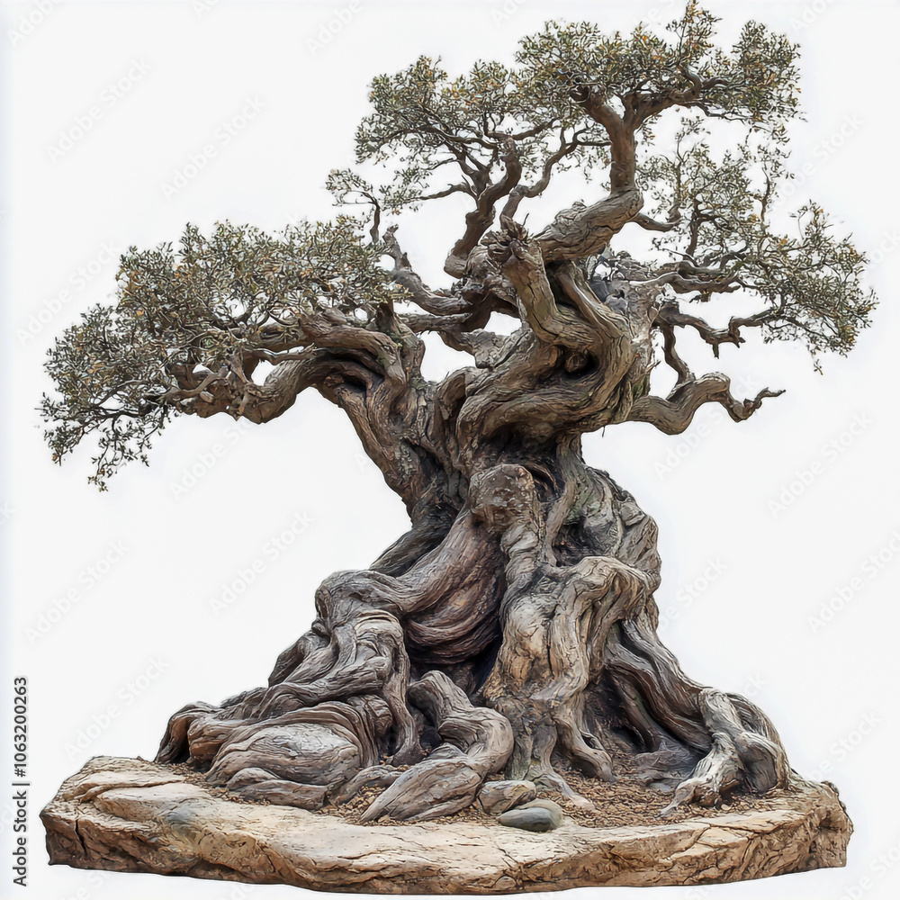 Fototapeta premium An imposing, ancient tree with gnarled roots and twisted branches, beautifully silhouetted against a vibrant sunset