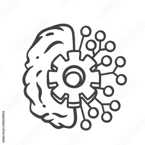 AI brain with gear and circuit line icon. Outline hand drawn digital artificial intelligence element with processor. Neural network, machine learning mascot, sketch of AI icon vector illustration