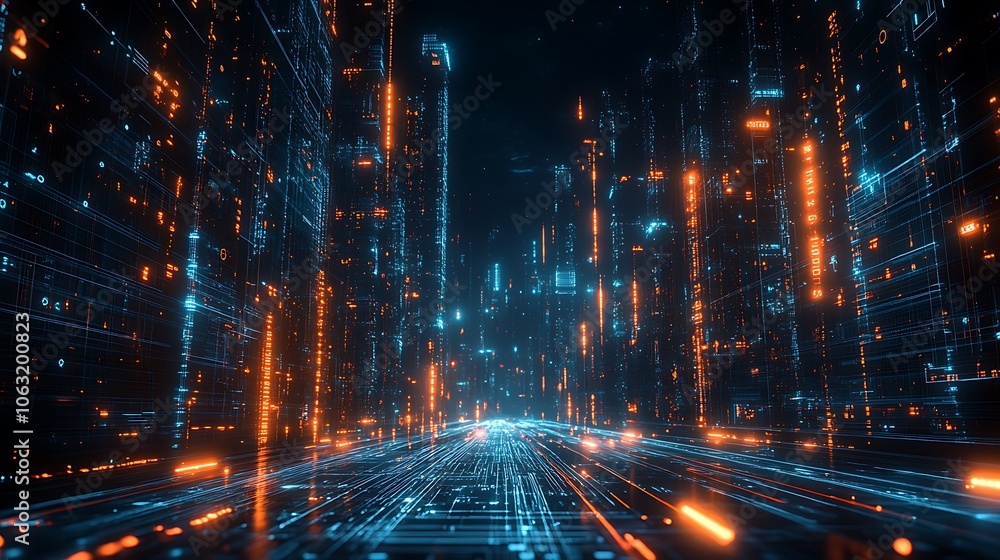 Digital cityscape with glowing lines and data background, Digital cityscape hologram background Digital cityscape with glowing lines and data background, Digital cityscape hologram background