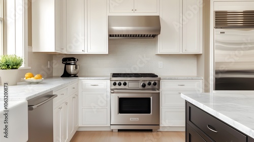 Stunning contemporary kitchen design featuring stainless steel appliances white cabinets and a beautiful marble countertop for a modern minimalist and functional cooking space