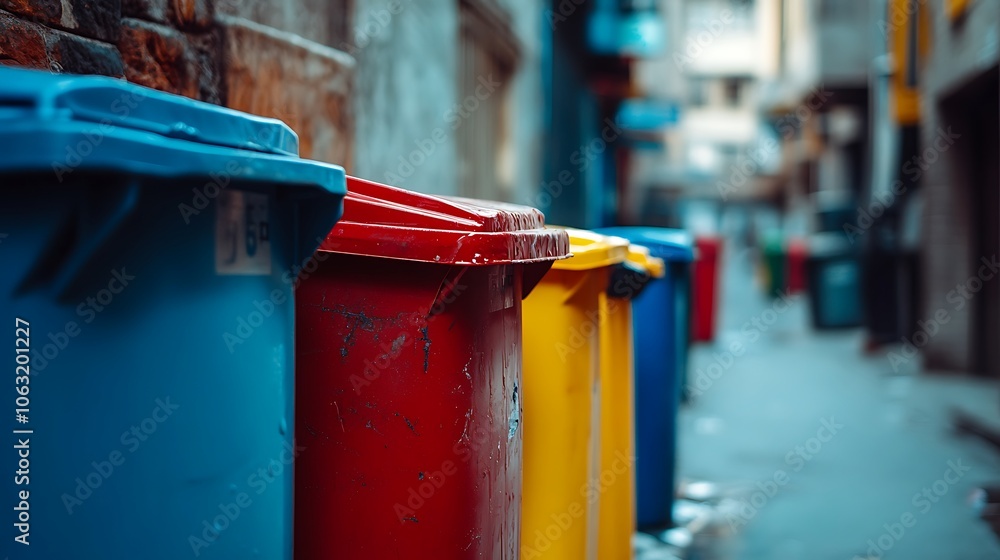 Close-up of colorful garbage cans in an alleyway, Colorful trash bins in alley with blurred background