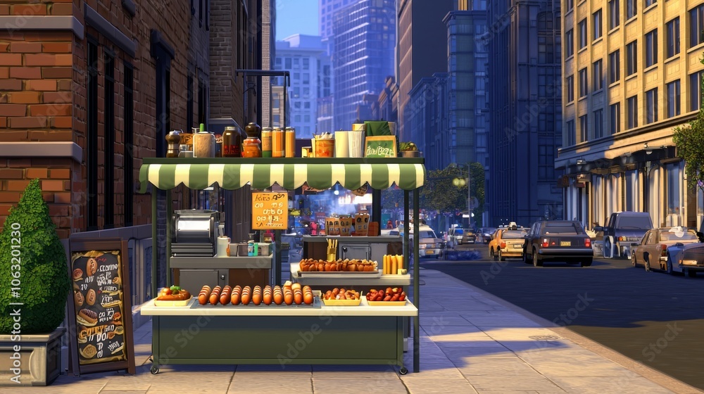 Animated hot dog stall on a busy city sidewalk, surrounded by tall buildings and the hustle of urban life Animated hot dog stall on a busy city sidewalk, surrounded by tall buildings and the hustle of urban life
