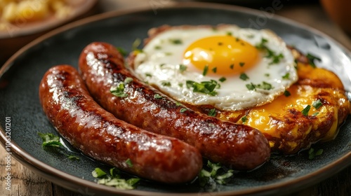 Appetizing Spanish style breakfast plate with fried butifarra sausages accompanied by sunny side up eggs photo