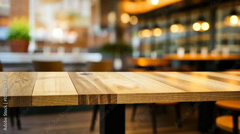 A wooden table in a dimly lit restaurant with warm lighting A wooden table in a dimly lit restaurant with warm lighting