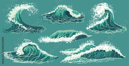 Sea wave. Ocean surf beach, vintage hand drawn water sketch, tidal storm splash foam on crest. Tide silhouette. Seaside background. Stormy marine nature scenery. Vector cartoon isolated set