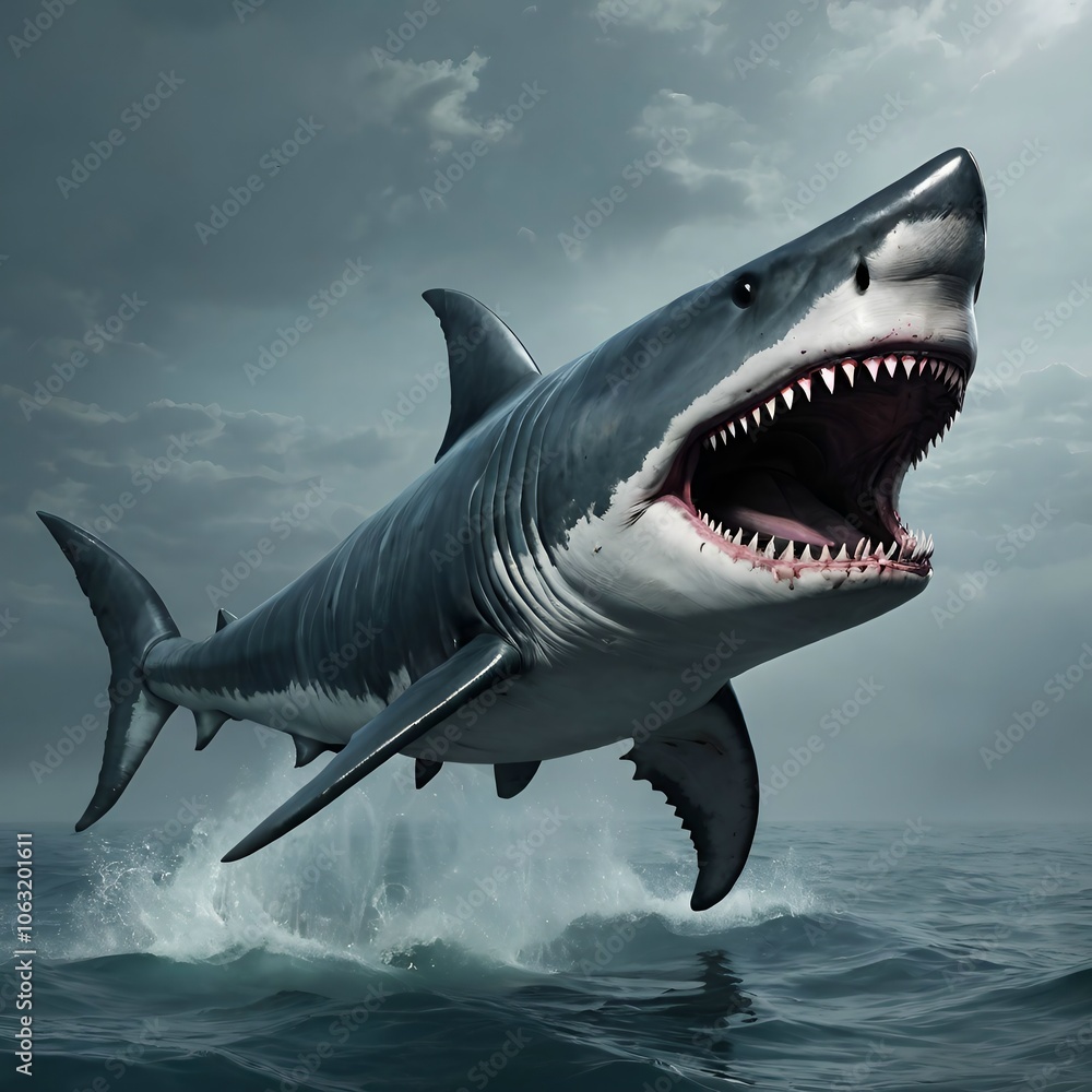 Naklejka premium Colossal Megalodon Surfaces in Ocean