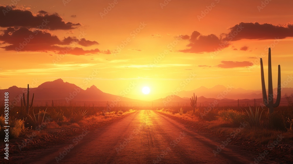A beautiful sunset illuminating a desert road, with A beautiful sunset illuminating a desert road, with