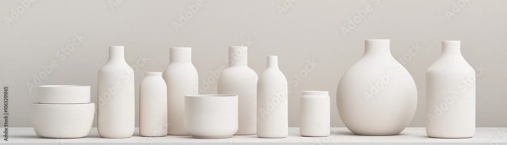 A serene display of various white ceramic vases and containers, arranged elegantly against a neutral backdrop. A serene display of various white ceramic vases and containers, arranged elegantly against a neutral backdrop.