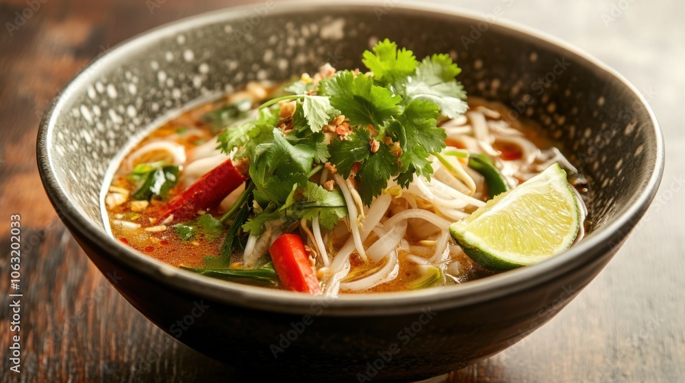 A beautifully presented bowl of Thai noodle soup A beautifully presented bowl of Thai noodle soup