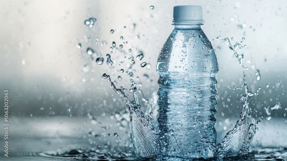 Bottle of water and splashes on light background Bottle of water and splashes on light background