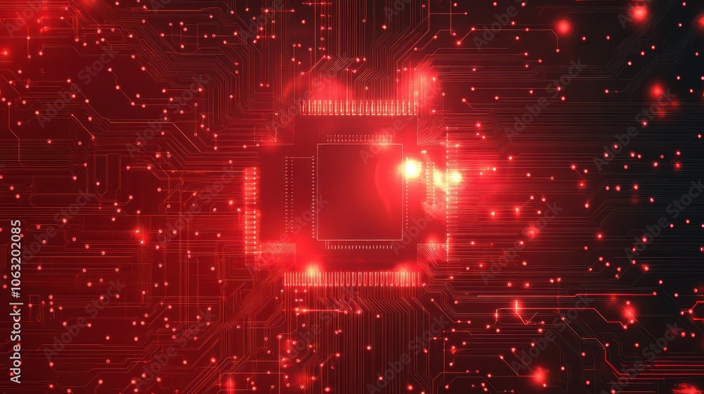 Obraz premium Circuit connected lines on technology red background. Circuit board. Ai Tech bg. Semiconductor or CPU processor in the center. Computing electronics concept. Abstract digital vector illustration.
