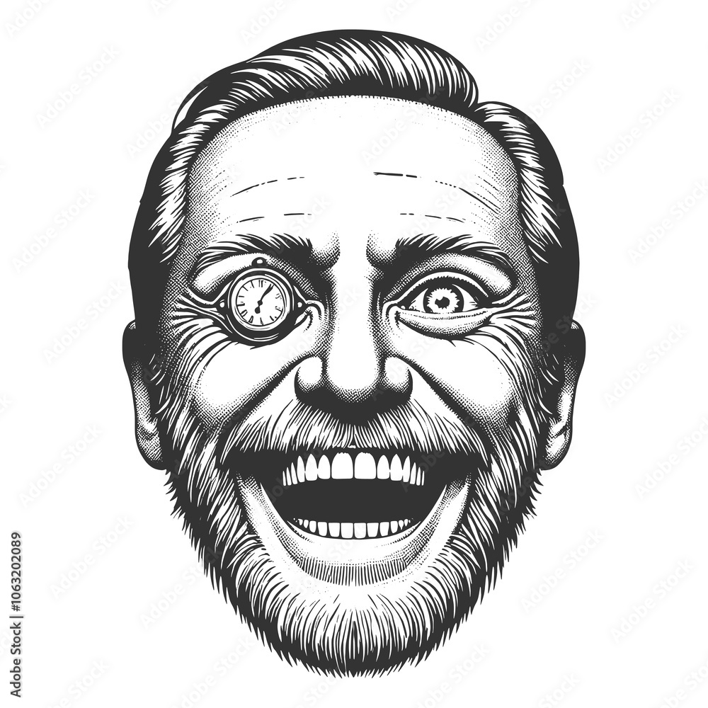 bearded, smiling man wearing a clock-themed monocle, combining quirky expression and vintage style sketch engraving generative ai raster illustration. Scratch board imitation. Black and white image. bearded, smiling man wearing a clock-themed monocle, combining quirky expression and vintage style sketch engraving generative ai raster illustration. Scratch board imitation. Black and white image.