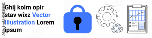 Blue lock symbolizing data security, two gears representing processes, and a clipboard with a performance chart. Ideal for technology, data analysis, digital security, process optimization, business