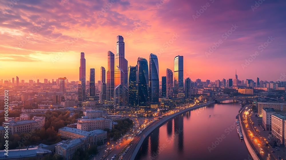 Fototapeta premium Aerial view of a city skyline at dusk with vibrant pink and orange sky.