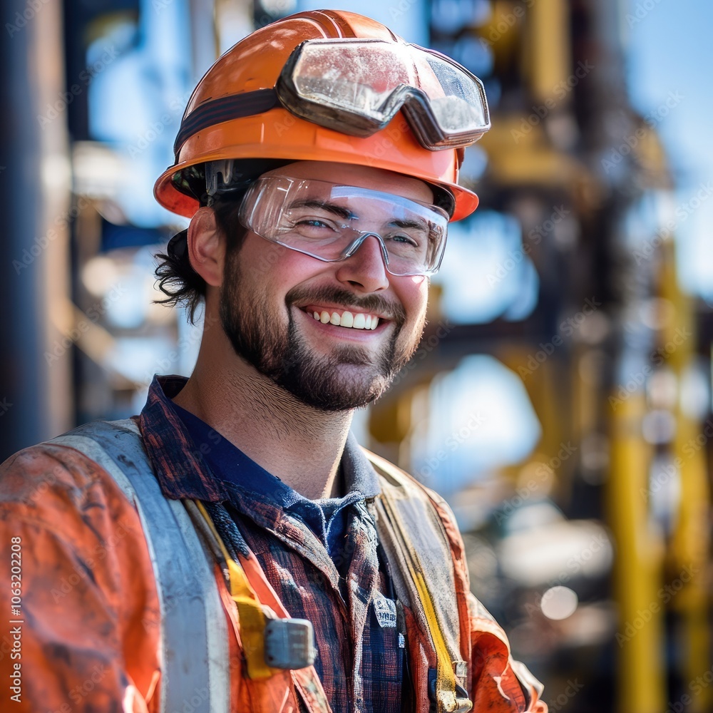 Smiling engineer at an oil rig, wearing protective gear Smiling engineer at an oil rig, wearing protective gear