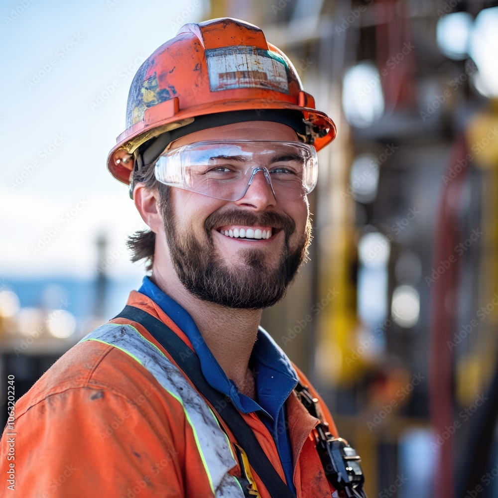 Smiling engineer at an oil rig, wearing protective gear Smiling engineer at an oil rig, wearing protective gear