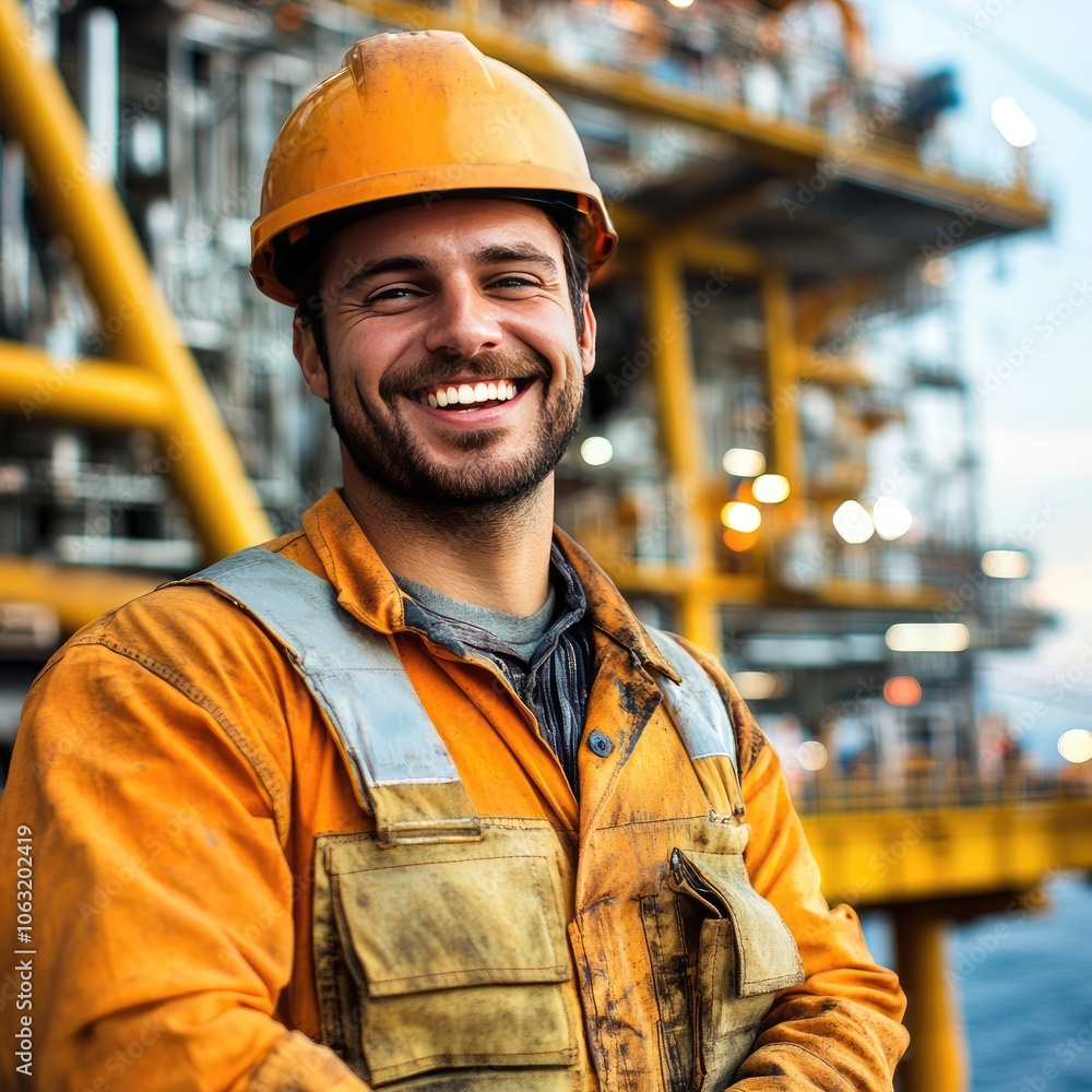 Smiling engineer at an oil rig, wearing protective gear Smiling engineer at an oil rig, wearing protective gear