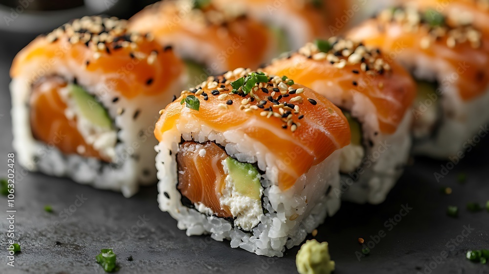 Close-up of delicious-looking sushi rolls, Tasty food close up shot Close-up of delicious-looking sushi rolls, Tasty food close up shot