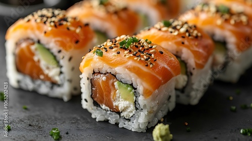 Close-up of delicious-looking sushi rolls, Tasty food close up shot photo