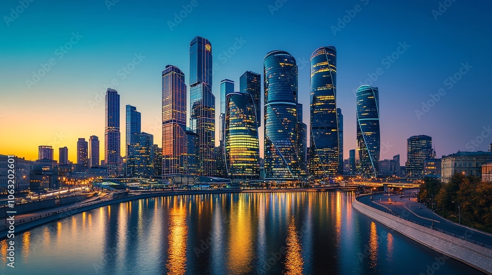 Naklejka premium A city skyline at dusk with vibrant pink and orange sky.