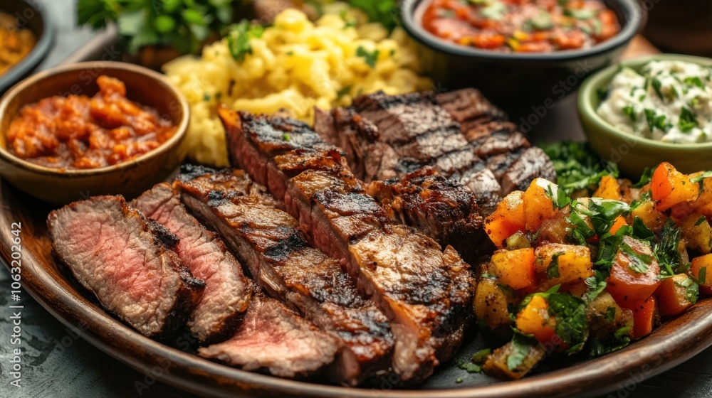 A beautifully presented plate of churrasco, with slices of juicy, A beautifully presented plate of churrasco, with slices of juicy,