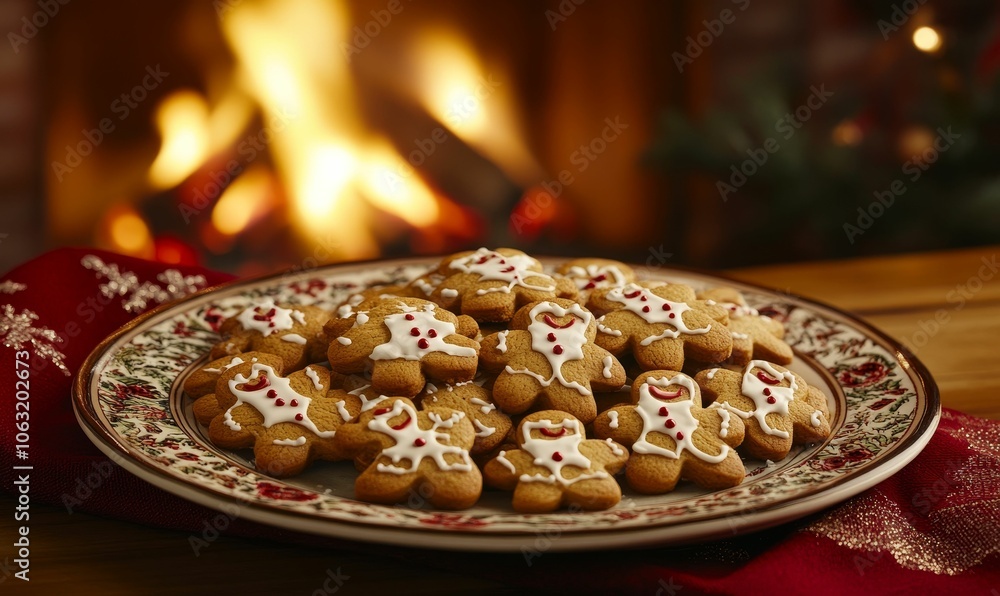 Gingerbread men cookies on plate by fireplace. Gingerbread men cookies on plate by fireplace.
