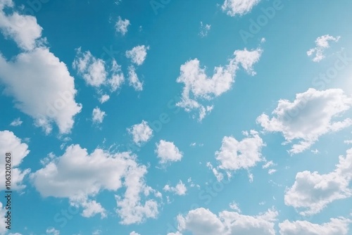 Blue sky with scattered white fluffy clouds, creating a serene and peaceful atmosphere