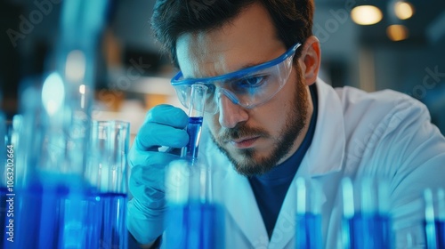 A scientist carefully uses a pipette to transfer a bright blue liquid into multiple test tubes, focusing on accuracy in a laboratory setting