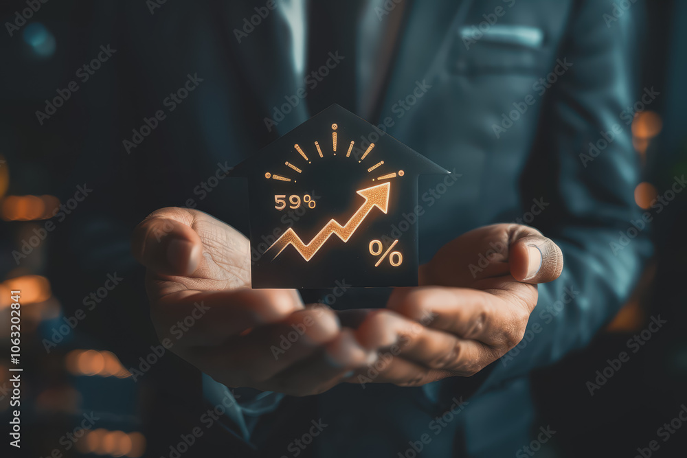Interest rates and dividends, businessman holding arrow and percentage icon with investment graph. Interest rates and dividends, businessman holding arrow and percentage icon with investment graph.